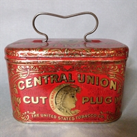 firkantet rød guld metaldåse med håndtag Central union tobak smoke or chew blikæske gammel dåse genbrug